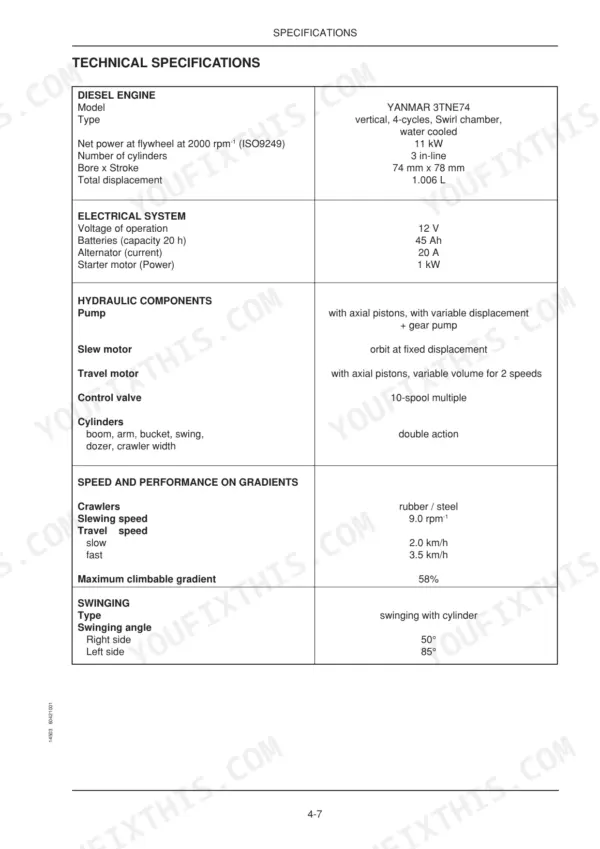 Fiat Kobelco E16 EVOLUTION, E18 EVOLUTION technical specifications table for engine, electrical, hydraulic, and performance.