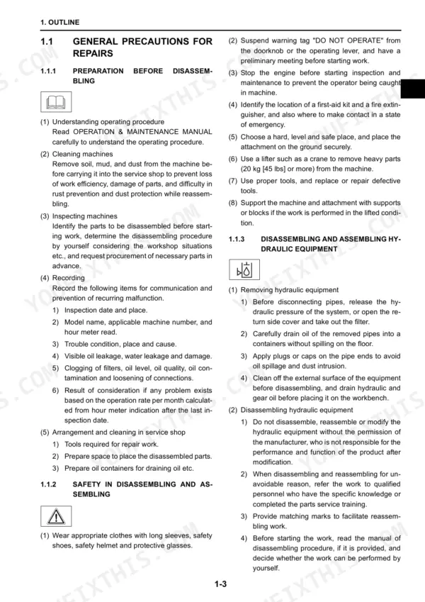 Fiat Kobelco E30.2SR, E35.2SR general repair precautions, disassembly, and hydraulic equipment safety procedures.
