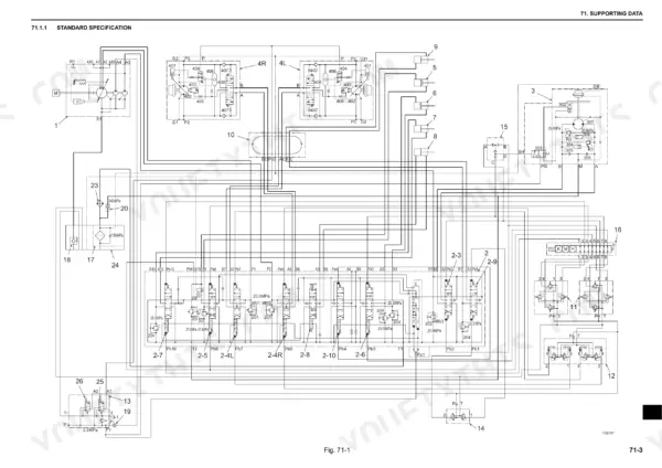 Fiat Kobelco E30.2SR, E35.2SR hydraulic system schematic diagram showing control valves, pumps, and pressure specifications.