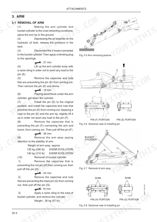 Fiat Kobelco E40SR EVOLUTION, E45SR EVOLUTION arm and bucket cylinder removal procedure with pin and shim installation diagrams.