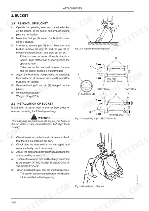 Fiat Kobelco E9SR EVOLUTION bucket removal and installation procedure with diagrams of pins, dust seals, and bucket assembly.