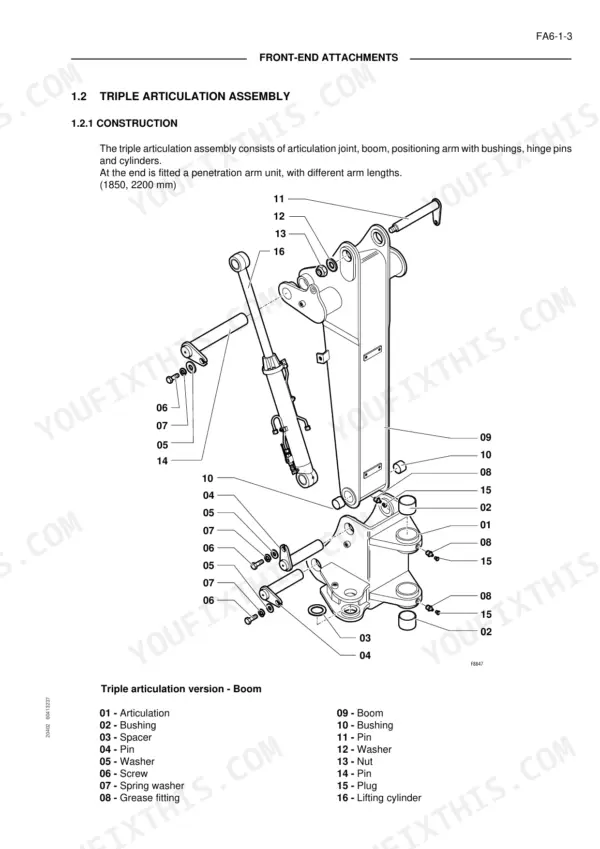 Fiat Kobelco EX95W exploded view of the triple articulation assembly, boom, and lifting cylinder with numbered parts list.