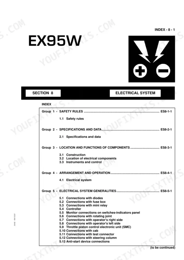 Fiat Kobelco EX95W electrical system section table of contents listing safety, components, and wiring connections.