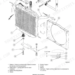 Fiat Kobelco SL30B exploded view diagram of radiator installation, including shroud, rubber mounts, and mounting brackets.