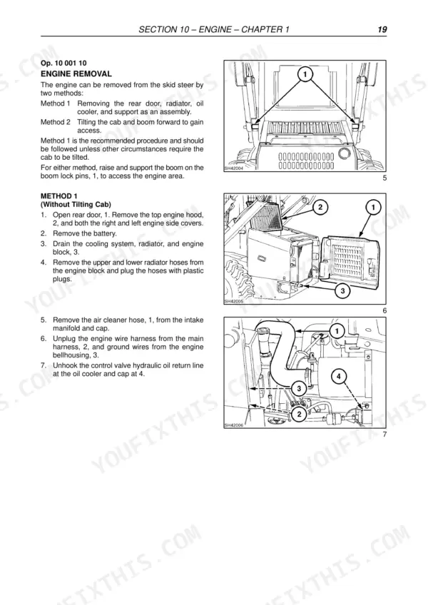 Fiat Kobelco SL35B, SL40B engine removal procedure, boom lock pins, engine hood, and air cleaner hose diagrams.