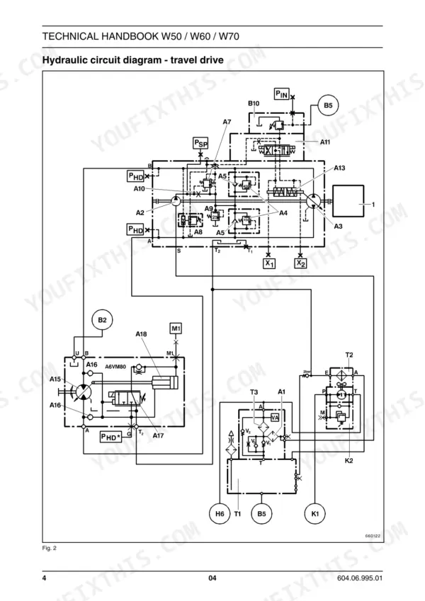 Fiat Kobelco W50, W60, W70 technical manual hydraulic circuit diagram for the travel drive system with component labels.