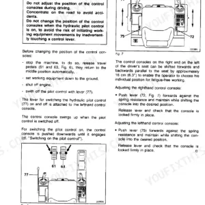 FiatAllis FX140, FX140LC operating instructions for adjusting the control console position with diagrams of levers 72, 75, and 77.