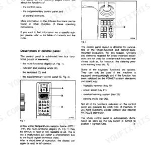 FiatAllis FX200, FX200LC operating instructions for control panel, display, and warning lamp elements.