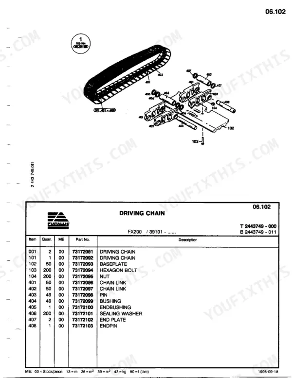 FiatAllis FX200, FX200LC exploded view and parts list for the driving chain undercarriage assembly.