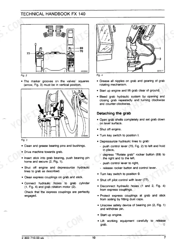 FiatAllis FX200, FX200LC grab attachment installation and detachment procedures with hydraulic hose connection diagrams.