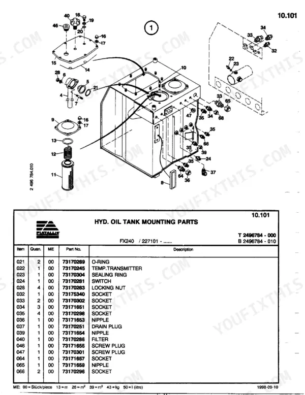 FiatAllis FX240, FX240LC hydraulic oil tank exploded view diagram and parts list with mounting components and fittings.