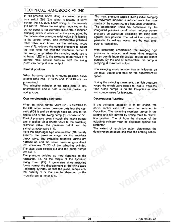 FiatAllis FX240, FX240LC technical manual describing swing pump hydraulic control, neutral position, and deceleration procedures.