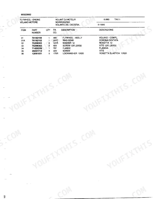 FiatAllis FX250 engine flywheel parts list table showing item numbers, part numbers, and component descriptions.
