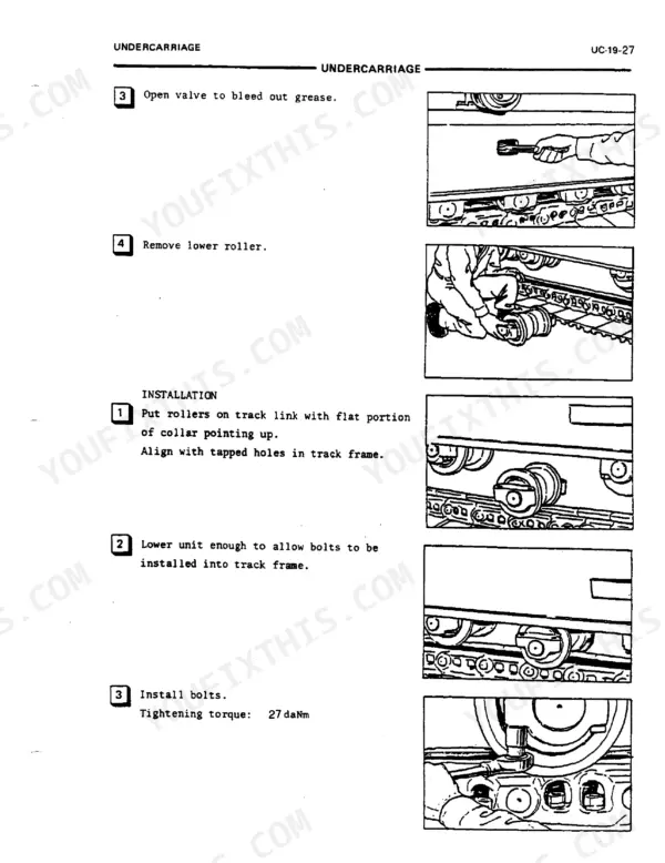 FiatAllis FX250 undercarriage service manual showing lower roller removal and installation procedures with 27 daNm torque specs.