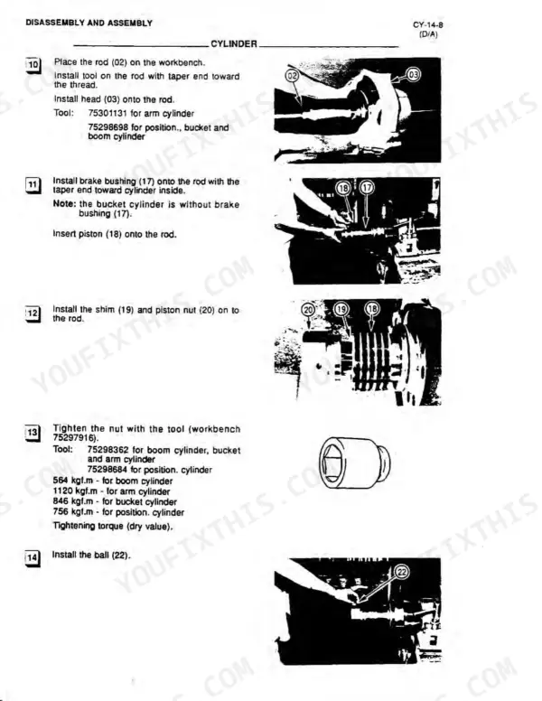 FiatAllis FX250 cylinder assembly steps, showing rod, piston, shim, and nut installation with torque specifications.