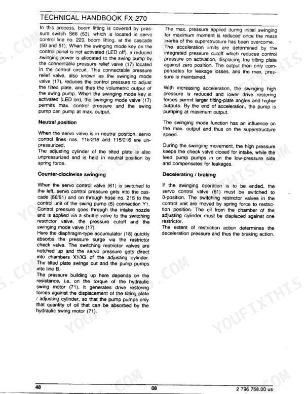 FiatAllis FX270, FX270LC technical manual describing hydraulic swing pump operation, control valve functions, and braking procedures.