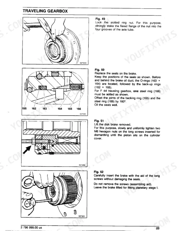 FiatAllis FX270, FX270LC traveling gearbox repair procedures, including staking ring nuts and installing brake seals and pistons.