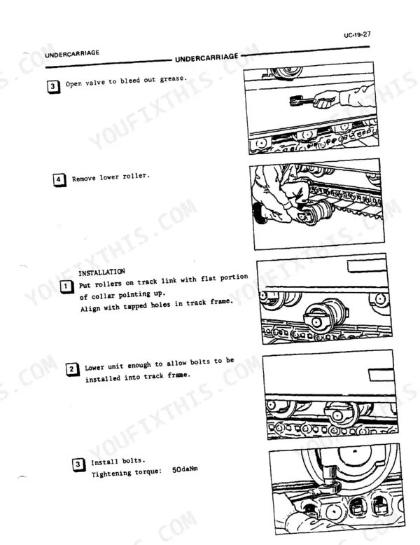 FiatAllis FX310 undercarriage service manual showing procedures to remove and install lower track rollers with torque specs.