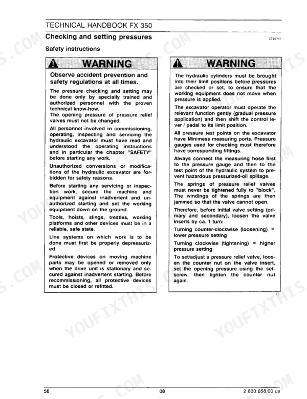 FiatAllis FX350, FX350LC safety instructions for checking and setting hydraulic system pressures.