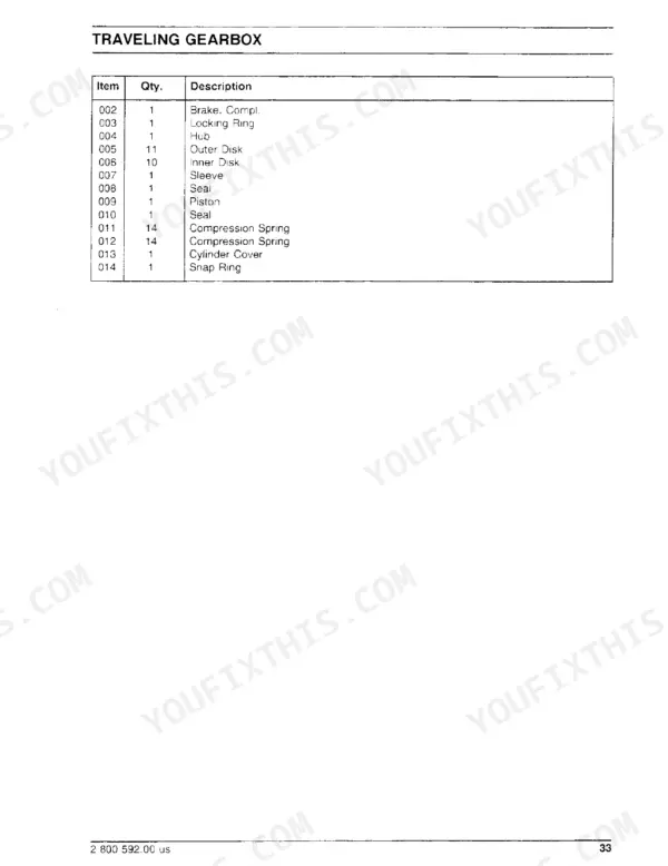 FiatAllis FX350, FX350LC traveling gearbox parts list table including brake, piston, seals, and compression springs.