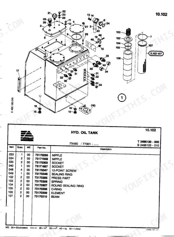 FiatAllis FX480, FX480LC hydraulic oil tank exploded view diagram and parts list with component descriptions.