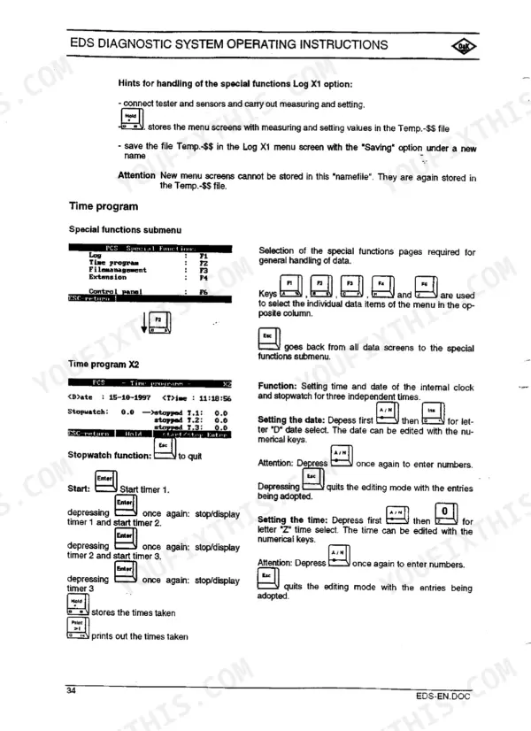 FiatAllis FX480, FX480LC EDS diagnostic system operating instructions for special functions, time program, and clock settings.