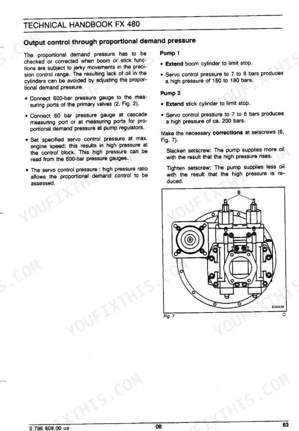 FiatAllis FX480, FX480LC hydraulic pump proportional demand pressure adjustment procedure and pump setscrew diagram.