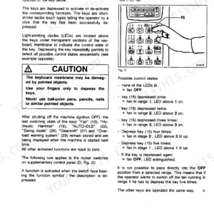 FiatAllis FX600, FX600LC control panel operating instructions, membrane keyboard layout, and fan function control states diagram.