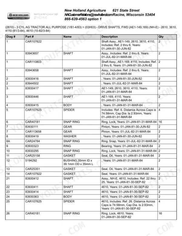 Ford 2610 parts catalogue figure 03H03, front wheel drive shafts for the NH-E build, exploded with its part table