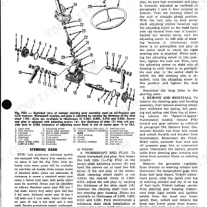 Ford 501, 600, 601, 700, 701, 800, 801, 900, 901, 1801, 2000, 4000 exploded view of manual steering gear assembly and adjustment procedures