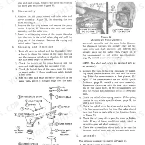 Ford 8000, 9000, 8600, 9600 oil pump disassembly, inspection, and clearance check procedures with exploded view diagram.