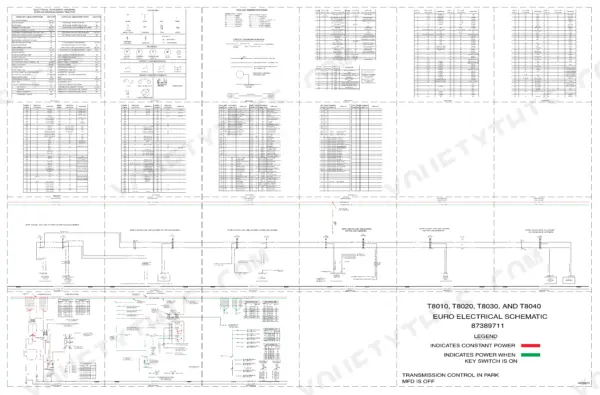 EURO electrical schematic poster 87389711 bound into the Ford New Holland repair manual, naming the T8010, T8020, T8030 and T8040 on its face and carrying the wire colour abbreviation legend, battery feed, clean ground and auxiliary ground references