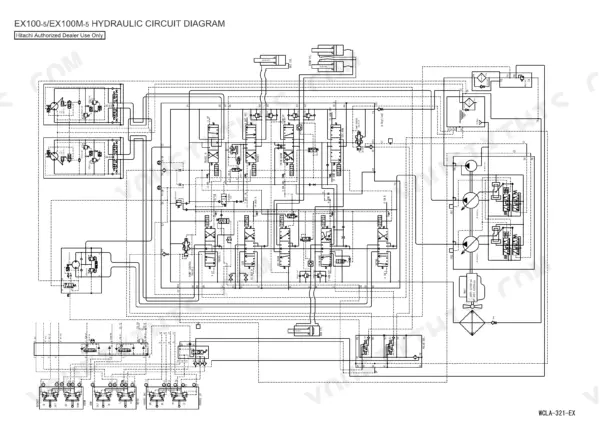 Hitachi EX100-5, EX100M-5, EX110-5, EX110M-5, 100M-5, 110-5, 110M-5 hydraulic circuit diagram showing pump, valve, and cylinder lines.