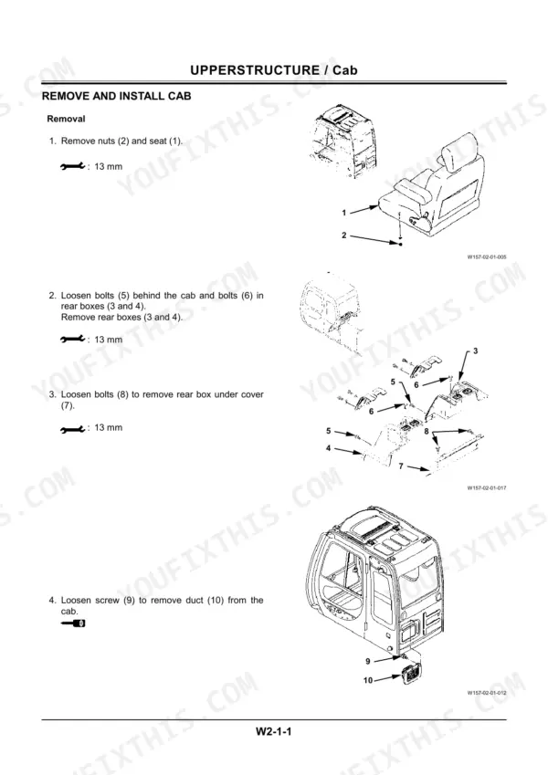 Hitachi EX100-5, EX100M-5, EX110-5, EX110M-5, 100M-5, 110-5, 110M-5 cab removal procedure, seat, rear boxes, and duct component diagrams.