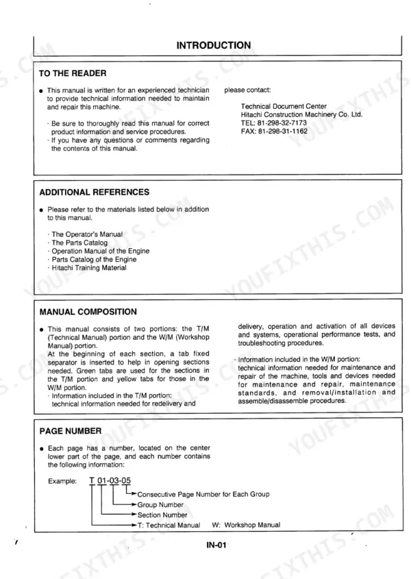 Hitachi EX200-3 excavator manual, opening page of the Technical Manual volume: how the operation, troubleshooting and performance-test sections are organised.