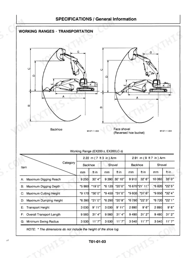 Hitachi EX200-3 excavator manual, specifications: machine dimensions, operating weight, bucket capacity, digging forces and travel speeds for both the standard and long-crawler versions.