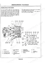 Hitachi EX200-3 excavator manual, undercarriage: travel device and travel reduction gear with the component locations called out.