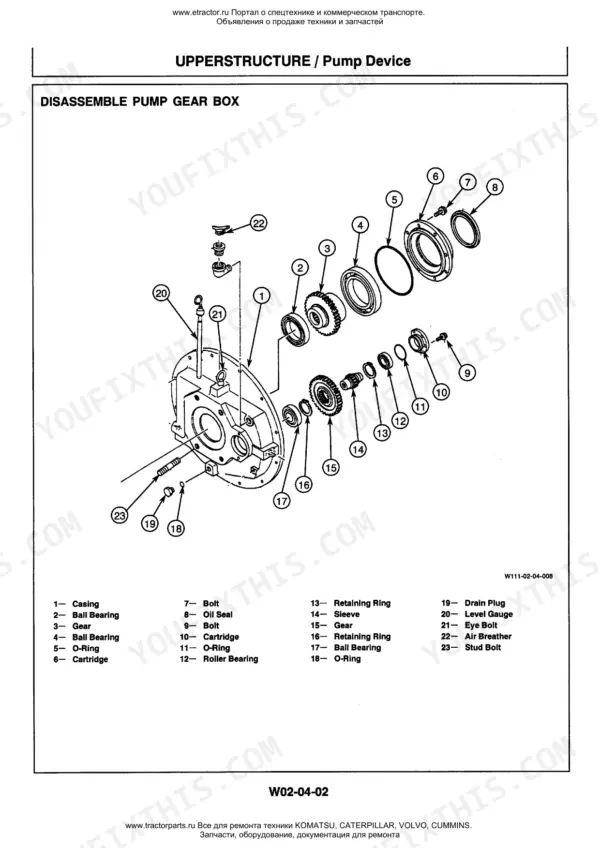 Hitachi EX400-3, EX400-3C, EX400LC-3, EX400LC-3C, EX400H-3, EX450H-3C, EX400LCH-3, EX400LCH-3C exploded view of pump gear box disassembly.