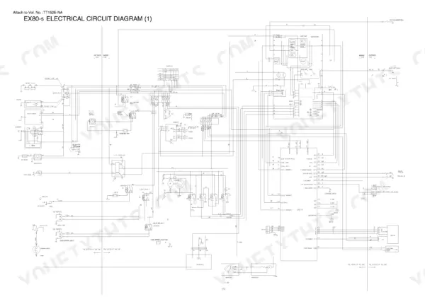 Hitachi EX80-5 electrical circuit diagram showing battery, starter, alternator, monitor, and SMC-B controller connections.