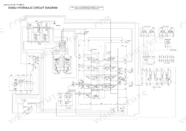 Hitachi EX80u hydraulic circuit diagram showing pilot valves, travel motors, cylinders, and flow control valve connections.
