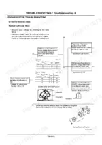 hitachi-ex80u-hydraulic-excavator-service-manual-troubleshooting-253.webp Hitachi EX80u engine troubleshooting flowchart for starter motor not rotating, including voltage test tables and terminal diagrams.