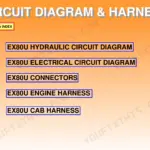 Hitachi EX80u circuit diagram and harness index page for hydraulic, electrical, connectors, engine, and cab systems.