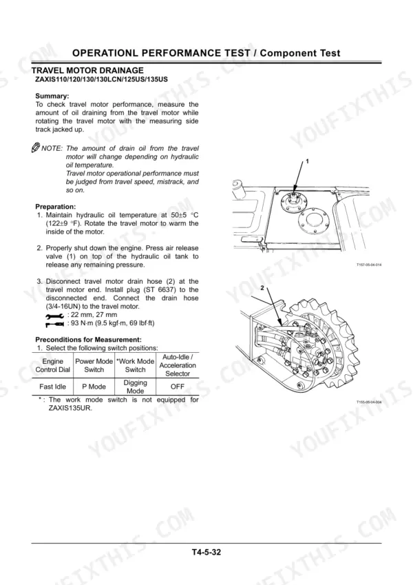 Hitachi Zaxis travel motor drainage measurement procedure