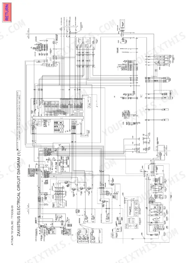 Hitachi Zaxis 75US electrical circuit diagram with power rails, fuse and relay block and labelled circuits