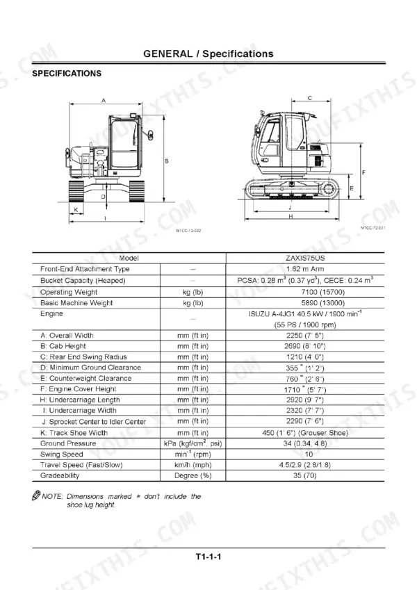 Hitachi Zaxis 75US specification table with operating weight and machine dimensions