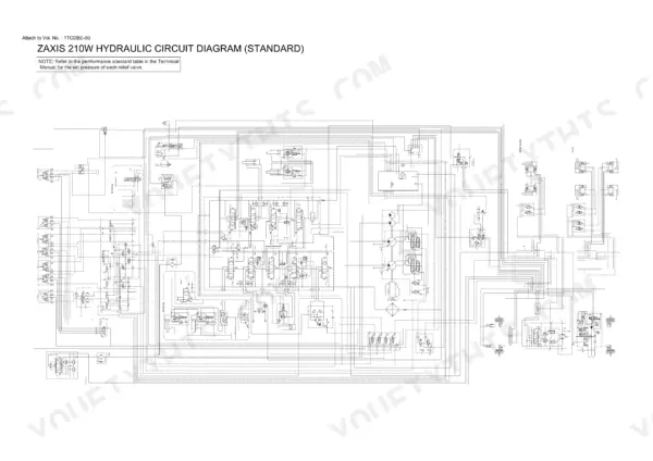 Hitachi ZAXIS 160W, ZAXIS 210W standard hydraulic circuit diagram showing pumps, valves, and boom cylinder connections.