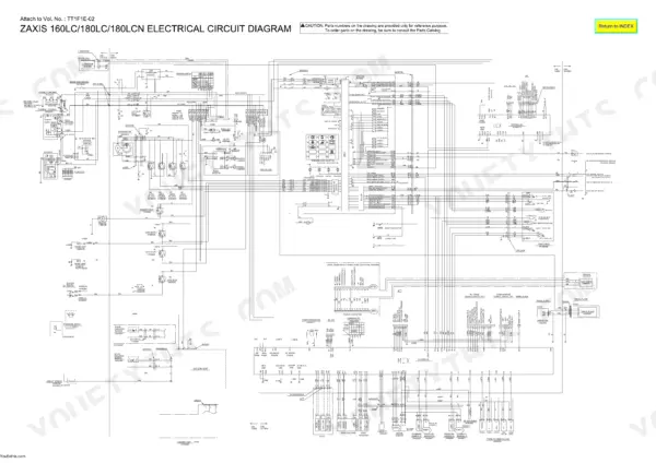 Hitachi Zaxis electrical circuit diagram with ICX and MCX controller pinouts, fuse block and monitor