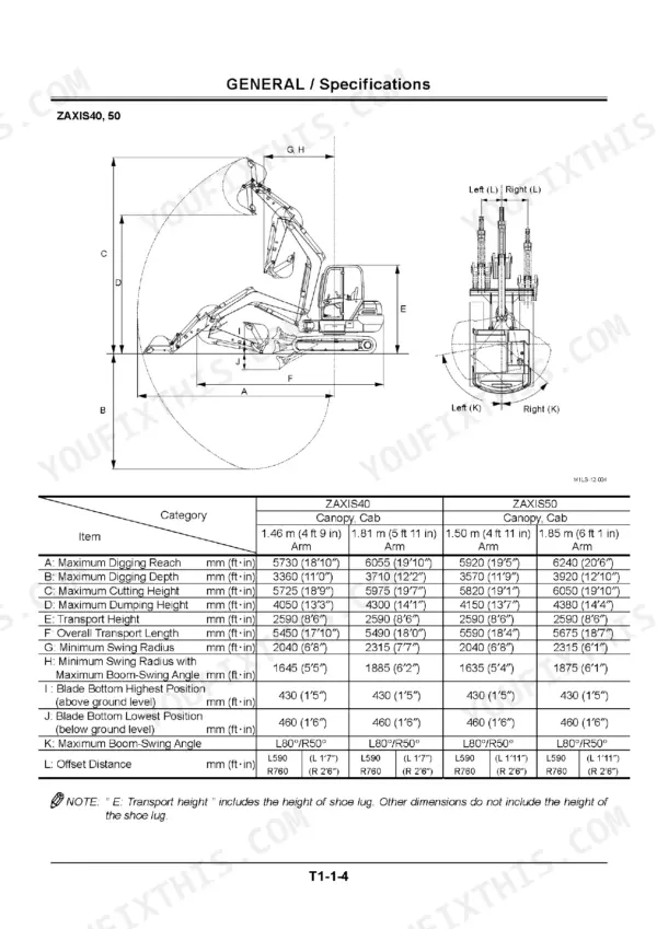 Hitachi ZAXIS30, ZAXIS35, ZAXIS40, ZAXIS50 excavator dimensions diagram and general specifications table for ZAXIS40 and ZAXIS50 models.