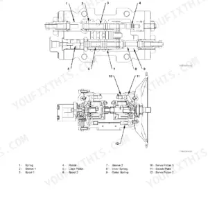 Hitachi ZX110-3, ZX110M-3, ZX120-3, ZX130K-3, ZX130L-3, ZX135US-3, ZX135USK-3, ZX135USL-3 hydraulic pump device component operation diagram.