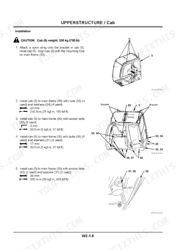 Hitachi ZX110-3, ZX110M-3, ZX120-3, ZX130K-3, ZX130L-3, ZX135US-3, ZX135USK-3, ZX135USL-3 cab installation and torque specs.